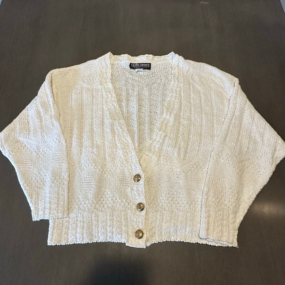 Vtg Castle Square 3 button Cardigan Sweater Off White M/L Long Sleeve Knit USA
